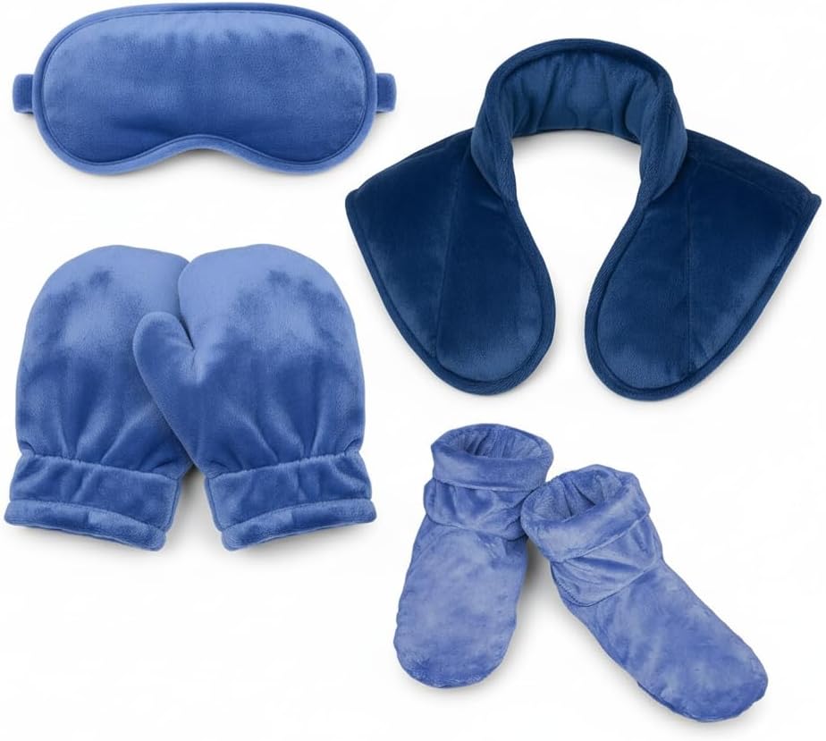 Herbal Concepts Hot & Cold Therapy Set – Eye Mask, Neck Wrap, Mittens & Booties with 12 Herb Aromatherapy Blend for Stress & Pain Relief – Soft Minky Fabric, Reusable, Comfortable (Blue)